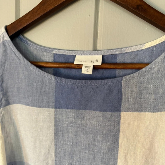 J Jill Love Linen Blue Gingham Tie front Dress Size Medium Petite - Picture 4 of 11